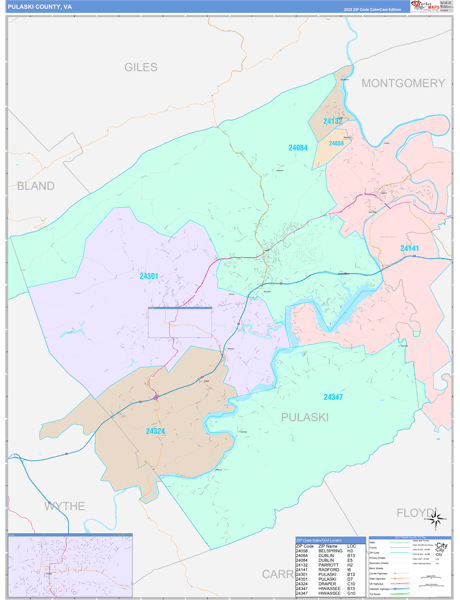 Pulaski County, VA Wall Map Color Cast Style