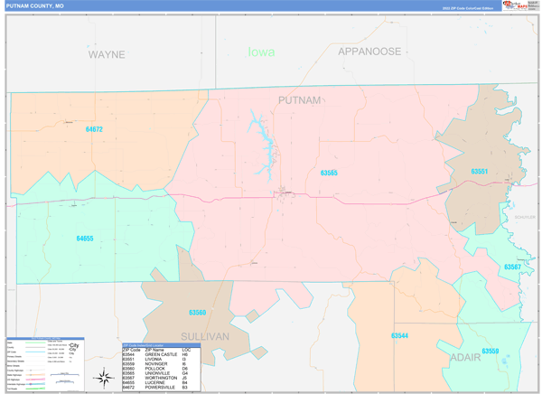Putnam County, MO Wall Map Color Cast Style