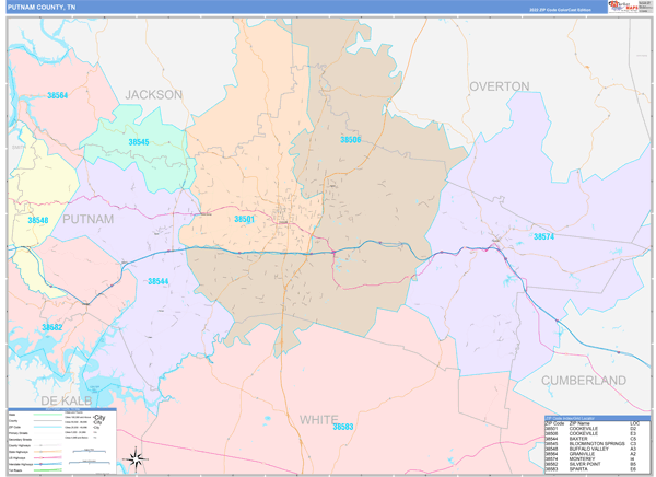 Putnam County, TN Zip Code Map
