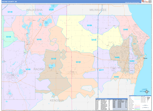 Racine County Wall Map Color Cast Style
