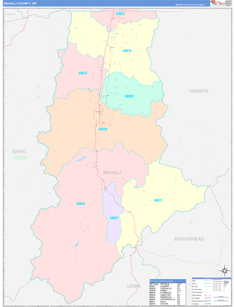 Ravalli County Wall Map Color Cast Style