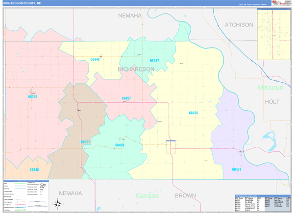 Richardson County, NE Wall Map Color Cast Style