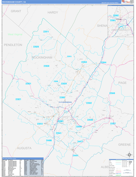 Rockingham County, VA Wall Map Color Cast Style