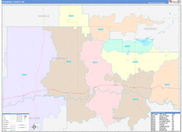 Roosevelt County, MT Zip Code Map