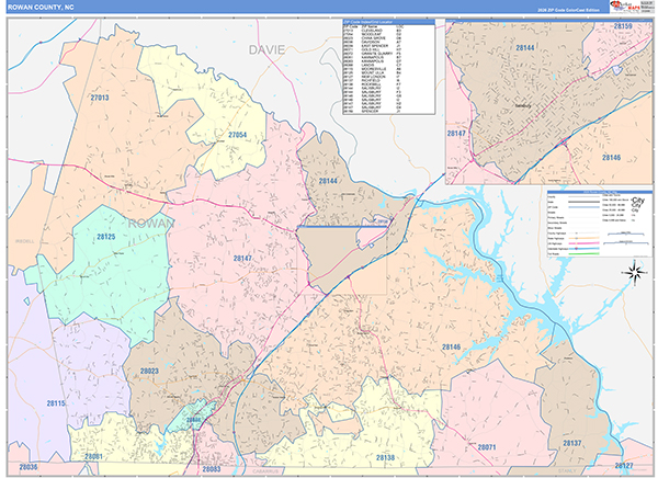 Rowan County, NC Wall Map Color Cast Style