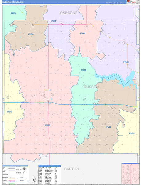 Russell County, KS Zip Code Map