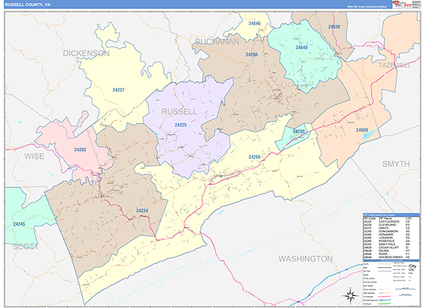 Russell County, VA Zip Code Map