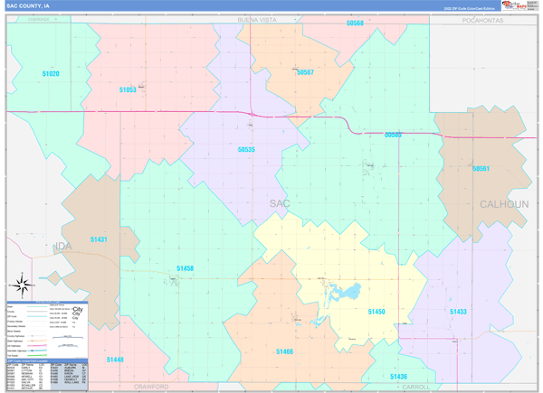 Sac County Ia 5 Digit Zip Code Maps Color Cast