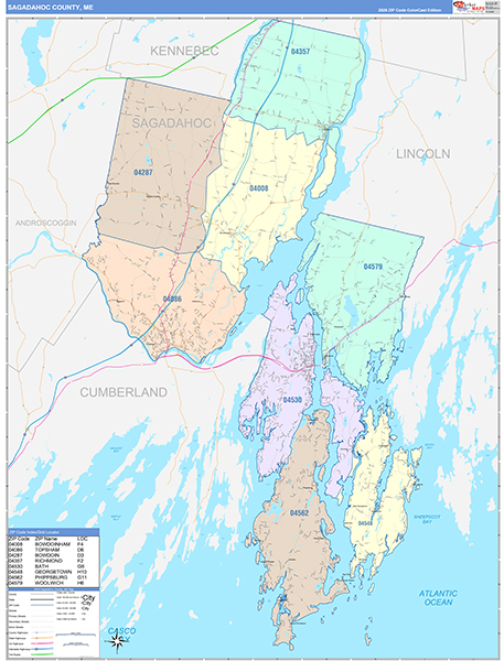 Sagadahoc County, ME Wall Map Color Cast Style