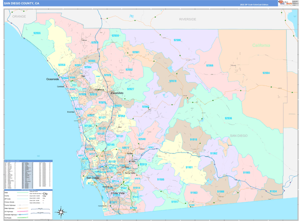 San Diego County, CA Wall Map Color Cast Style by MarketMAPS - MapSales