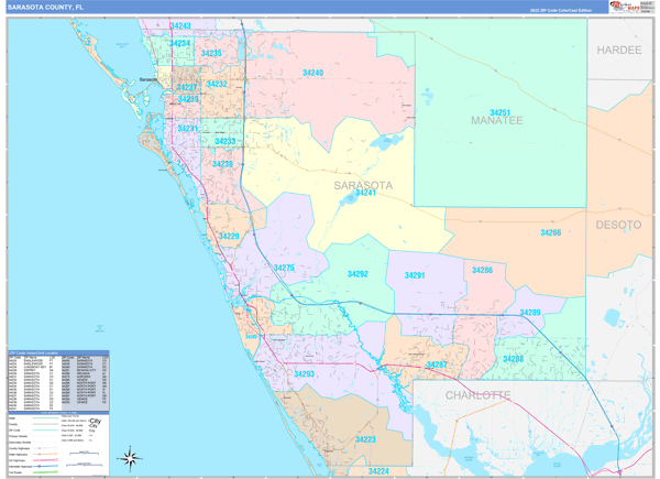 Sarasota County, FL Wall Map Color Cast Style