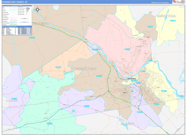 Schenectady County Wall Map Color Cast Style