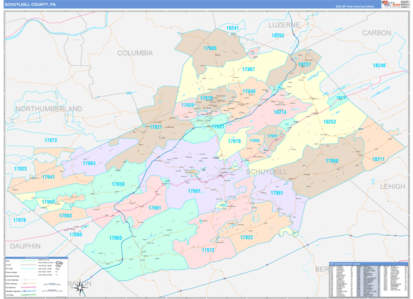Schuylkill County Wall Map Color Cast Style