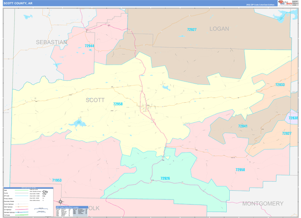Scott County, AR Wall Map Color Cast Style
