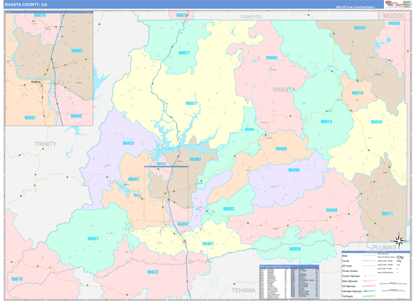 Shasta County Wall Map Color Cast Style
