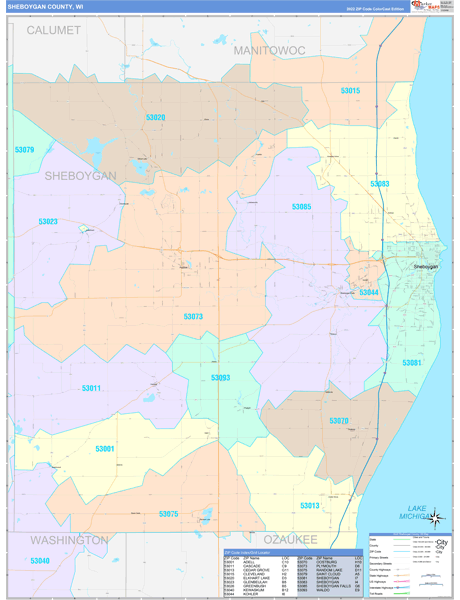 Sheboygan County, WI Wall Map Color Cast Style