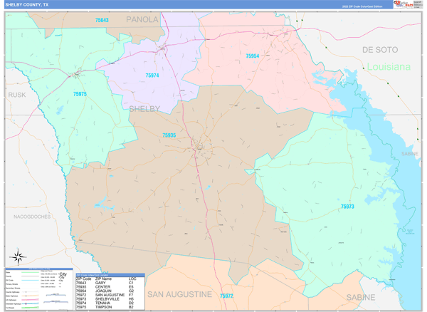 Shelby County, TX Zip Code Map