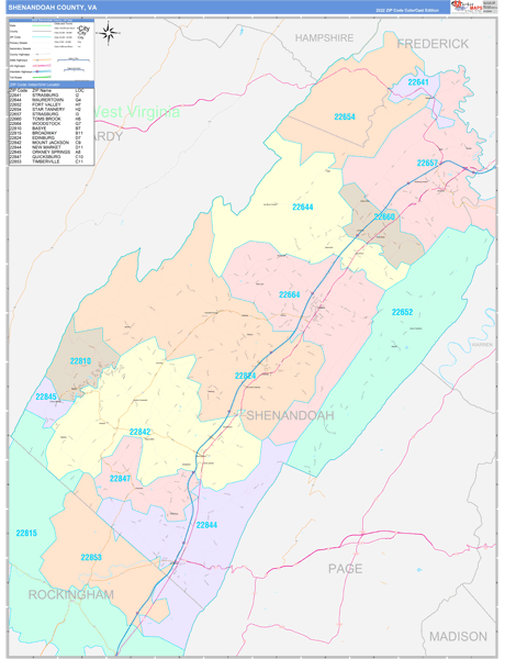 Shenandoah County Wall Map Color Cast Style