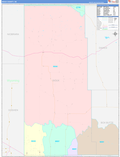 Sioux County Wall Map Color Cast Style