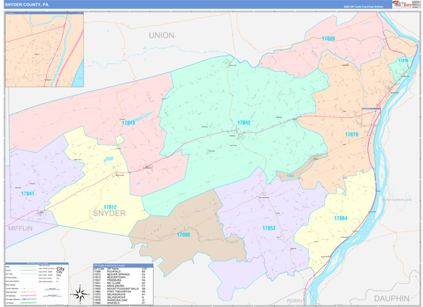 Snyder County, PA Wall Map Color Cast Style