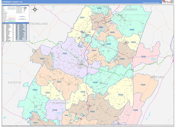Somerset County, PA Wall Map Color Cast Style