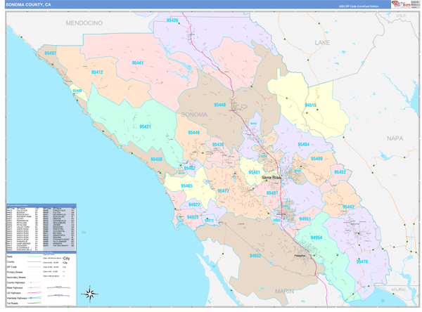 Sonoma County, CA Wall Map Color Cast Style