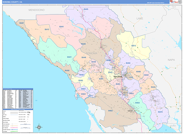 Sonoma County, CA Map Color Cast Style