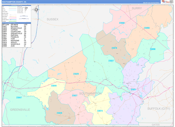 Southampton County Wall Map Color Cast Style