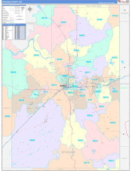 Spokane County Wall Map Color Cast Style