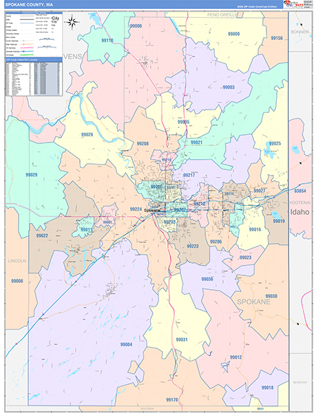 Spokane County, WA Wall Map Color Cast Style