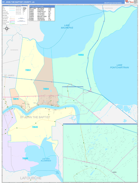 St. John the Baptist County, LA Wall Map Color Cast Style by MarketMAPS