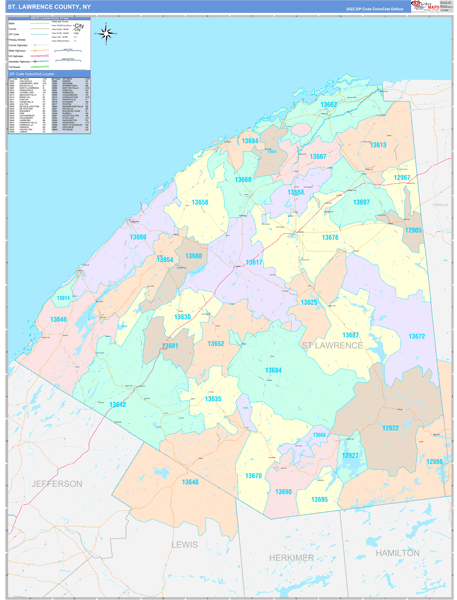 St. Lawrence County, NY Wall Map Color Cast Style by MarketMAPS - MapSales