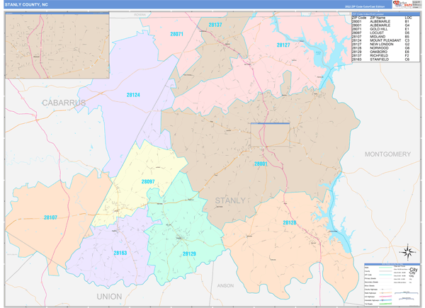 Stanly County Wall Map Color Cast Style