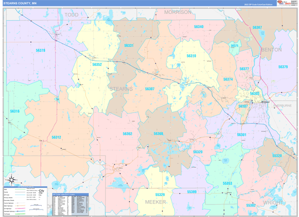 Stearns County, MN Wall Map Color Cast Style
