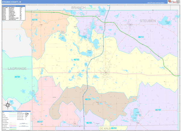 Steuben County, IN Wall Map Color Cast Style