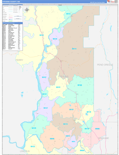 Stevens County, WA Wall Map Color Cast Style