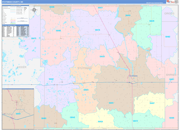 Stutsman County, ND Wall Map Color Cast Style