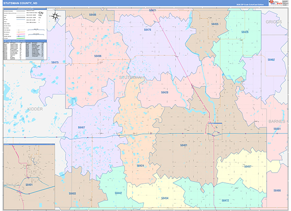 Stutsman County, ND Wall Map Color Cast Style