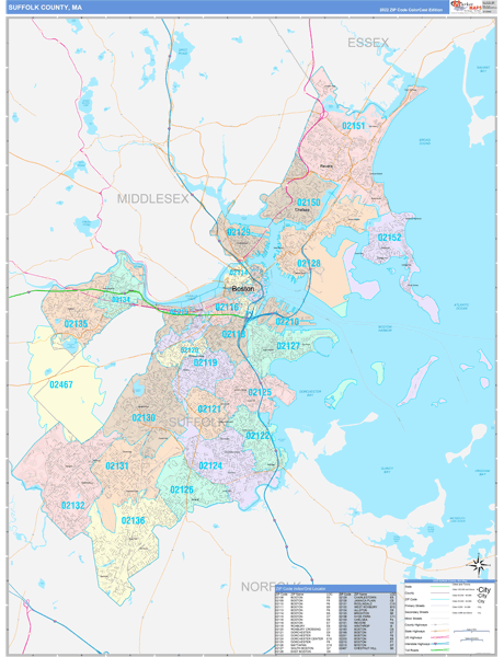 Suffolk County, MA Wall Map Color Cast Style