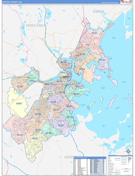 Suffolk County, MA Wall Map Color Cast Style