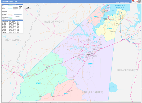 Suffolk County VA 5 Digit Zip Code Maps Color Cast