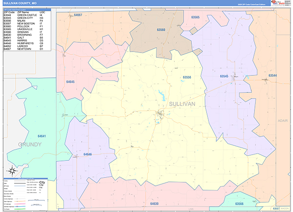Sullivan County, MO Map Color Cast Style