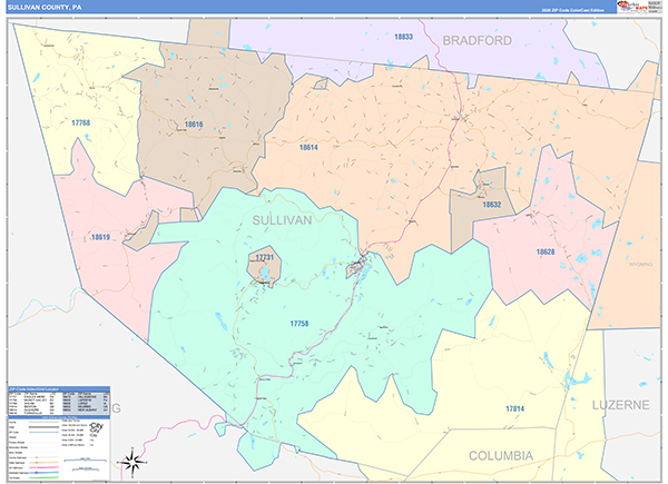 Sullivan County, PA Wall Map Color Cast Style