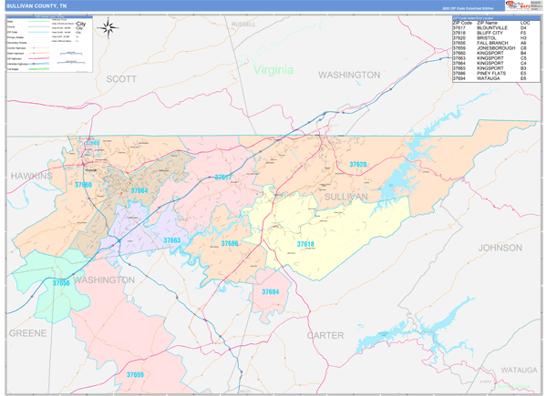 Sullivan County TN Wall Map Color Cast Style by MarketMAPS MapSales