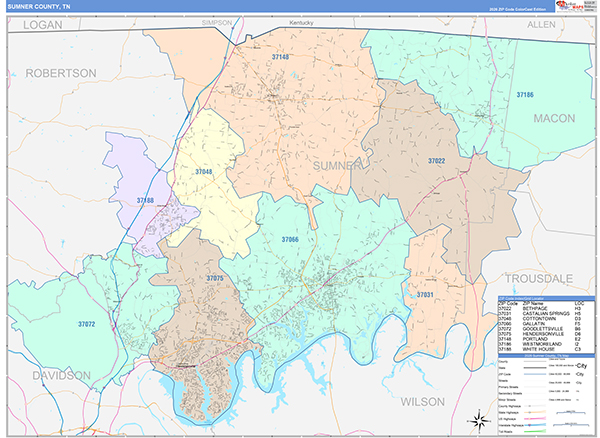 Sumner County, TN Zip Code Map