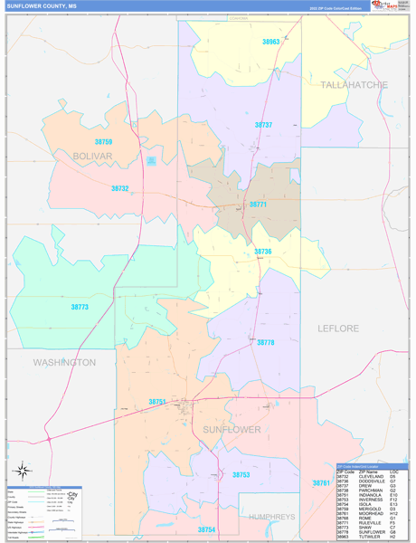 Sunflower County, MS Zip Code Map