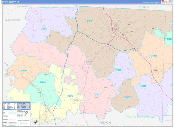 Surry County Wall Map Color Cast Style