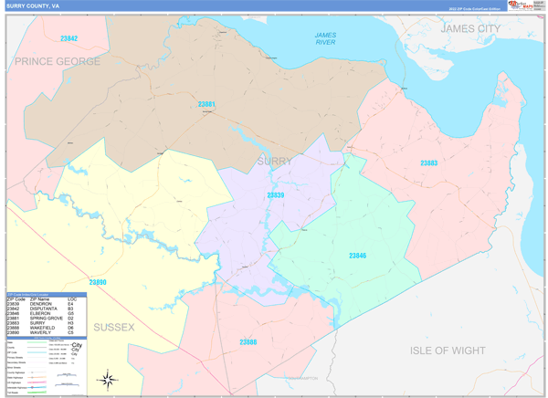 Surry County, VA Zip Code Map