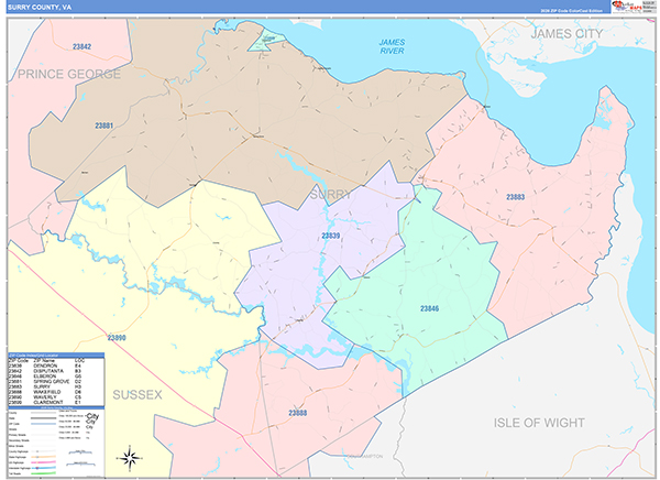 Surry County, VA Zip Code Map