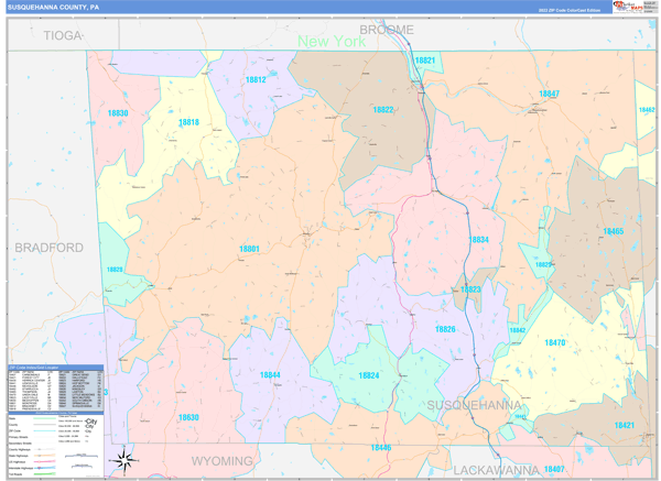 Susquehanna County Wall Map Color Cast Style